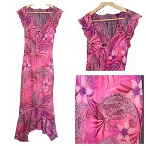 VTG Y2K RAMPAGE Sheer Babydoll Ruffle Hem Pink Floral Maxi Slip Dress Apprx XS/S